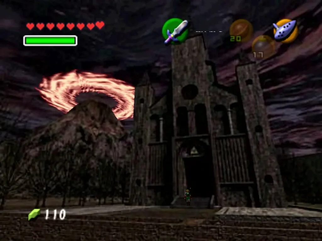 Ruined Temple of Time at night in the adult era, with Link at its entrance Ruined Temple of Time at night in the adult era, with Link at its entrance