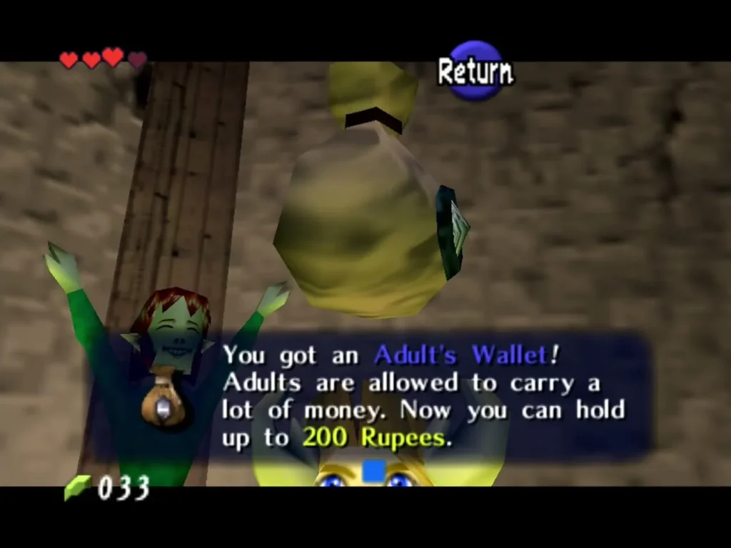 The Adult's Wallet box in the House of Skulltula, with a villager cheering beside it The Adult's Wallet box in the House of Skulltula, with a villager cheering beside it