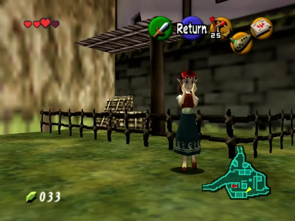 Anju standing by the wooden fence of her Cucco pen near Impa's house Anju standing by the wooden fence of her Cucco pen near Impa's house