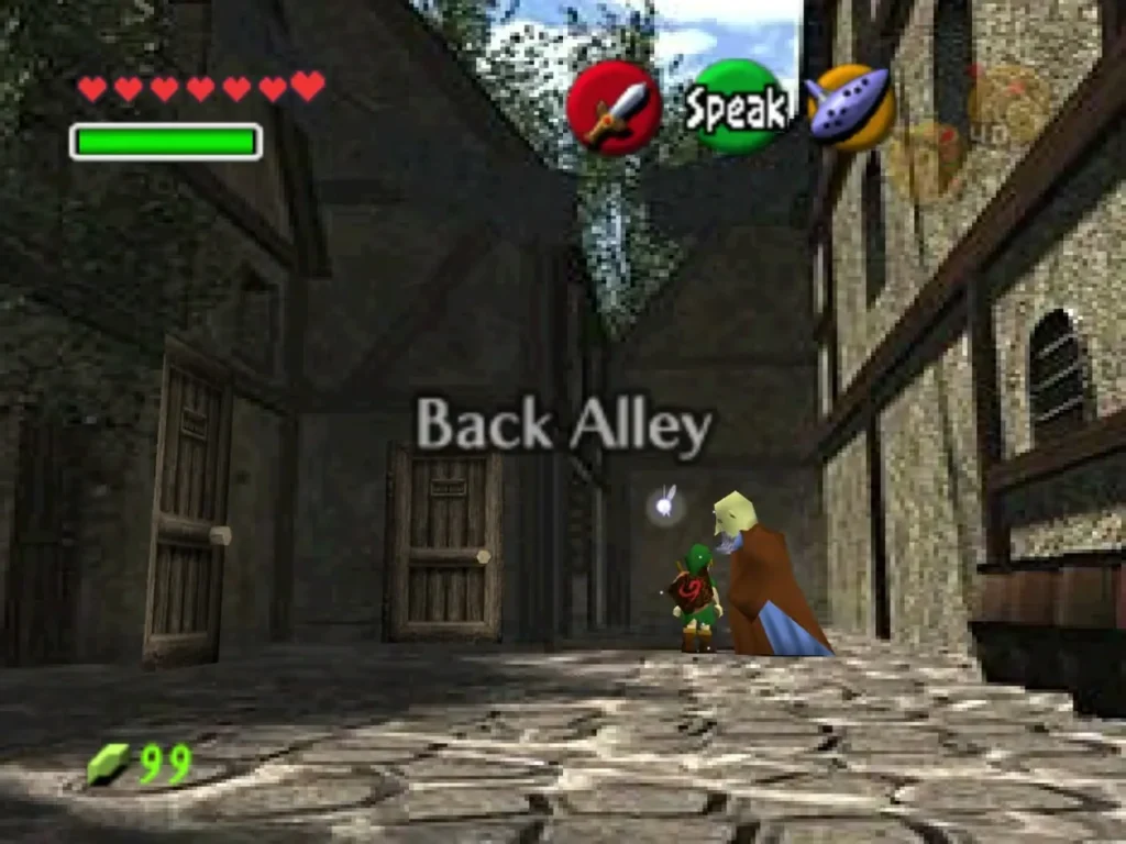 Child Link entering the Market's Back Alley, where a cloaked villager stands in the narrow lane Child Link entering the Market's Back Alley, where a cloaked villager stands in the narrow lane