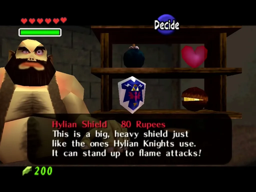 Hylian Shield offered for 80 Rupees in the Bazaar, with its description in the message box Hylian Shield offered for 80 Rupees in the Bazaar, with its description in the message box