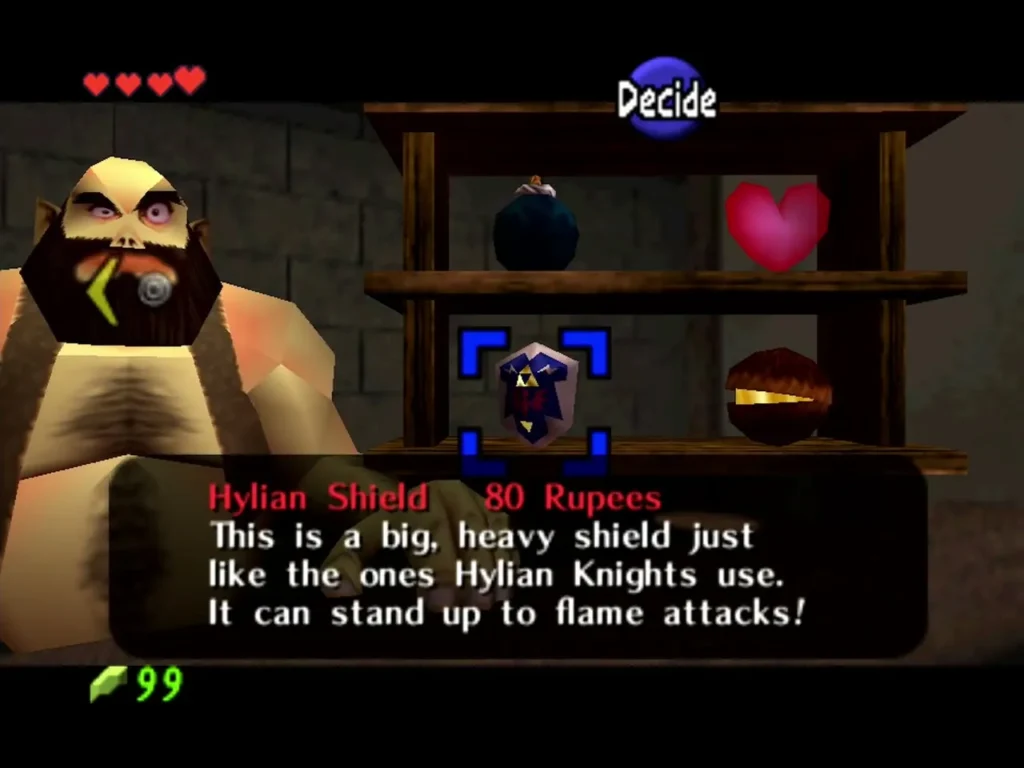 Hylian Shield selected on the Bazaar shelf, priced at 80 Rupees Hylian Shield selected on the Bazaar shelf, priced at 80 Rupees