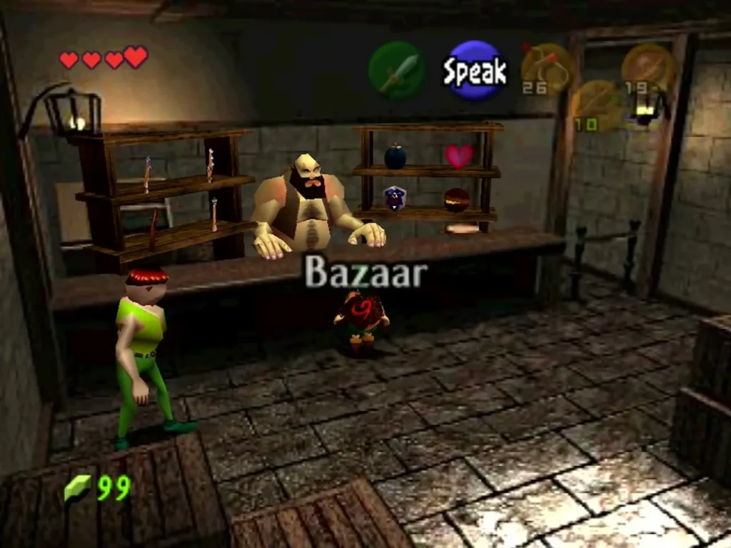 Bazaar shop interior with the shopkeeper behind the counter and its name on screen Bazaar shop interior with the shopkeeper behind the counter and its name on screen