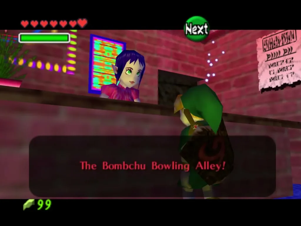 The Bombchu Bowling Alley attendant announcing the alley at her counter The Bombchu Bowling Alley attendant announcing the alley at her counter