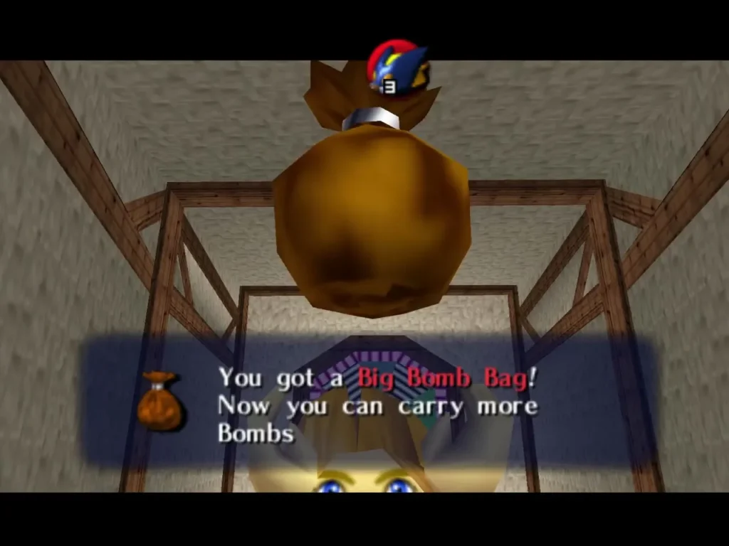 Link holds up the Big Bomb Bag prize with its item box shown Link holds up the Big Bomb Bag prize with its item box shown
