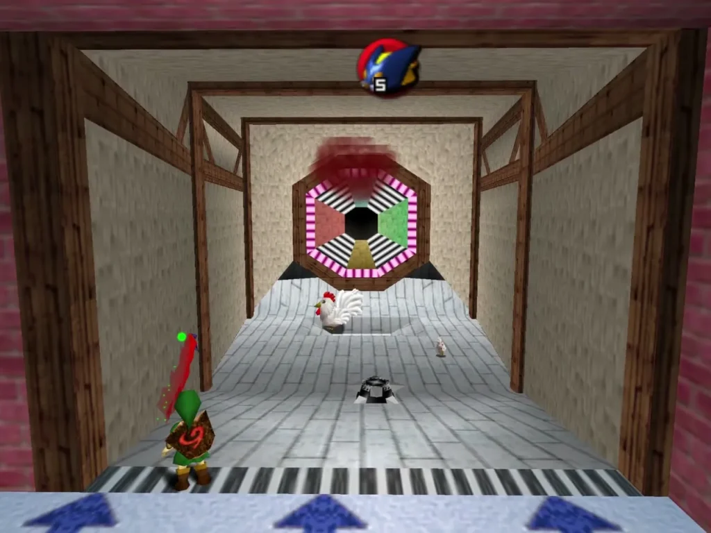 Link at the Bombchu lane with a Cucco wandering near the far hole Link at the Bombchu lane with a Cucco wandering near the far hole