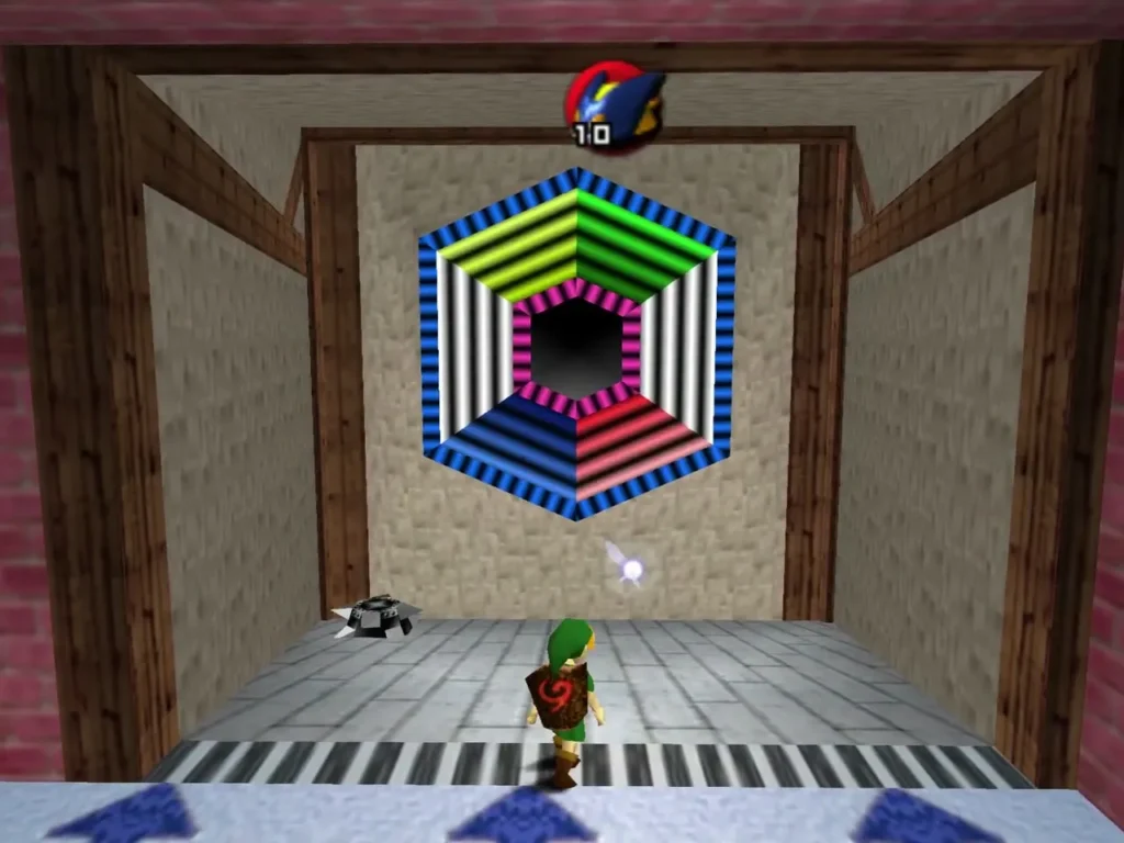 Link at the start of the first Bombchu lane with a spiked trap sliding across it Link at the start of the first Bombchu lane with a spiked trap sliding across it