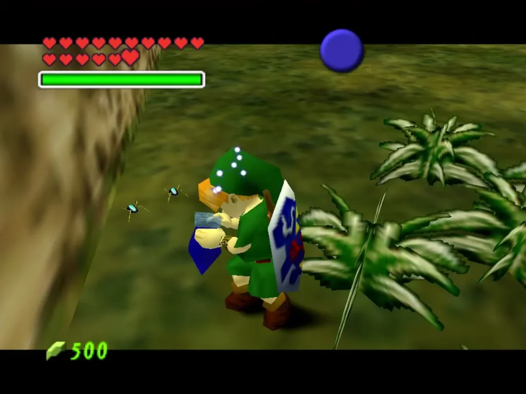 Link with the empty bottle catching a bug as bugs scatter from the grass Link with the empty bottle catching a bug as bugs scatter from the grass