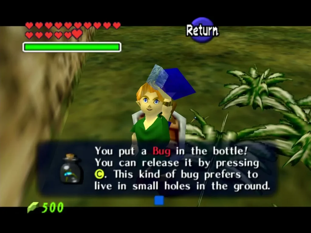 Link holding the bottle after catching a bug, with the full bug message box shown Link holding the bottle after catching a bug, with the full bug message box shown