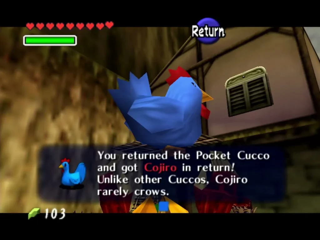 Link returns the Pocket Cucco and receives Cojiro, a blue Cucco Link returns the Pocket Cucco and receives Cojiro, a blue Cucco