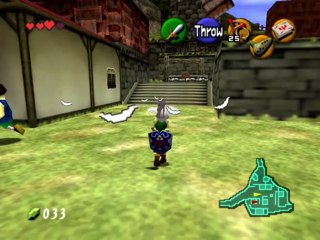 Link carrying a Cucco across the village past white timber houses and stone steps Link carrying a Cucco across the village past white timber houses and stone steps