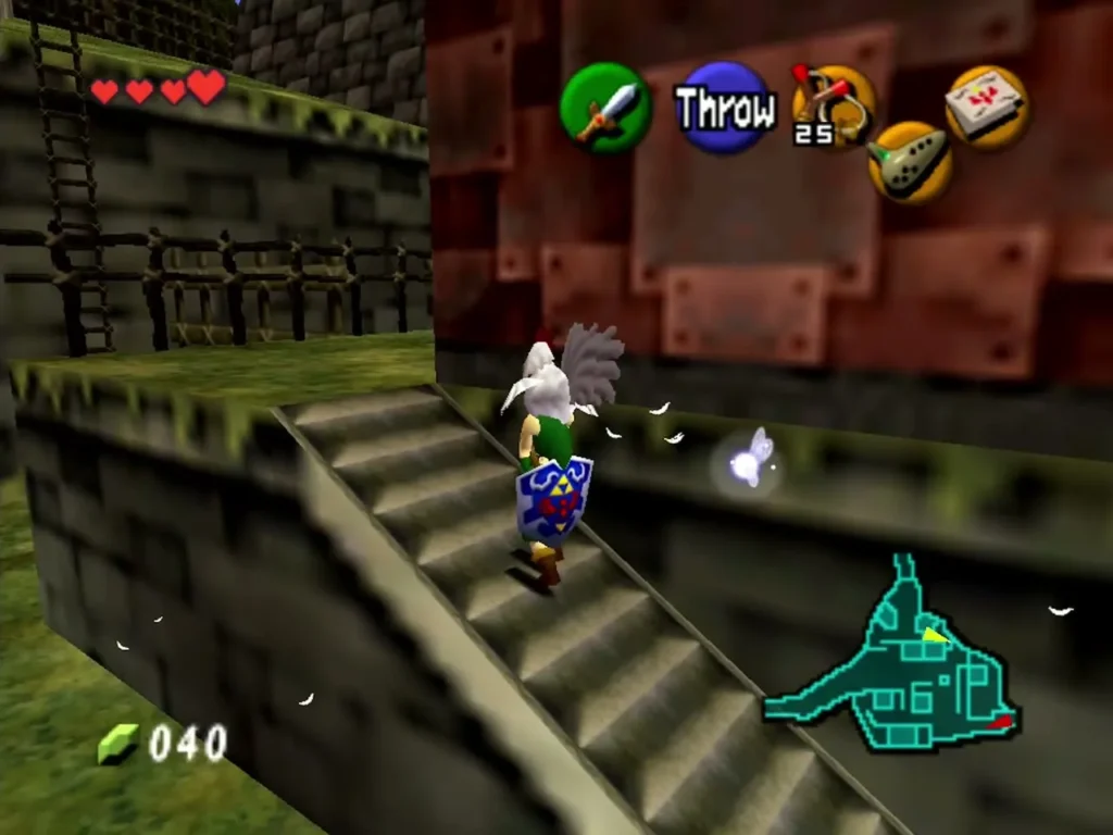 Link carrying a Cucco up a stone staircase in Kakariko Village Link carrying a Cucco up a stone staircase in Kakariko Village