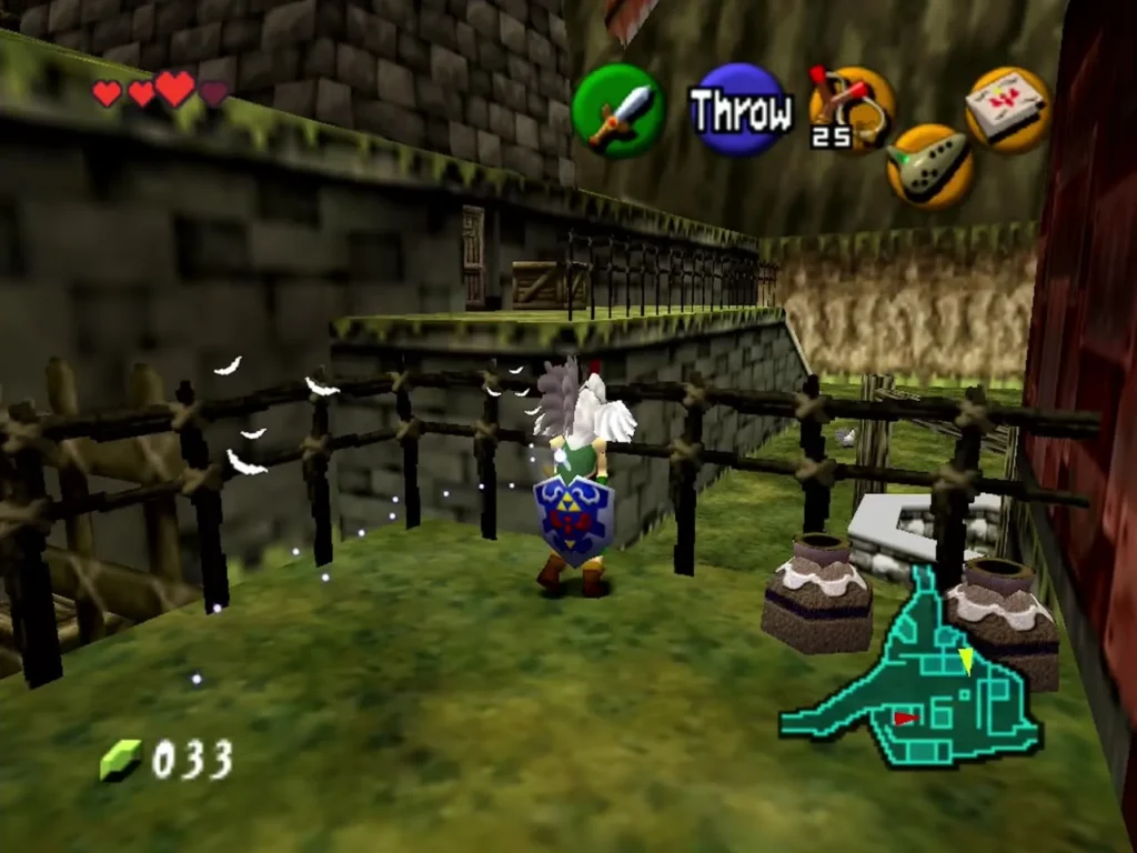 Link throwing a Cucco past the wooden fence toward the pen Link throwing a Cucco past the wooden fence toward the pen