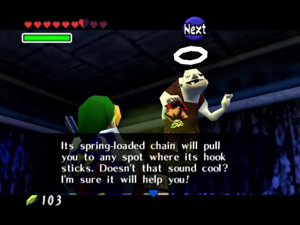 Dampe explains the Hookshot's spring-loaded chain to Link in the catacombs Dampe explains the Hookshot's spring-loaded chain to Link in the catacombs