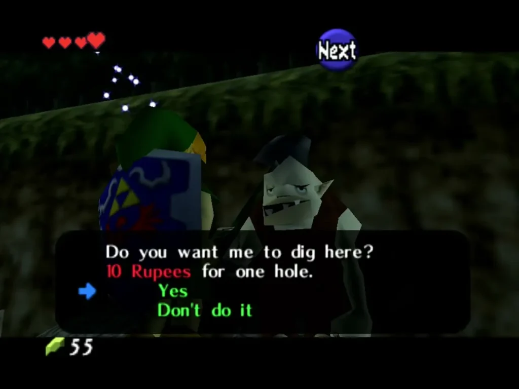 Dampe the gravekeeper asks Link whether to dig for 10 Rupees in the Graveyard Dampe the gravekeeper asks Link whether to dig for 10 Rupees in the Graveyard