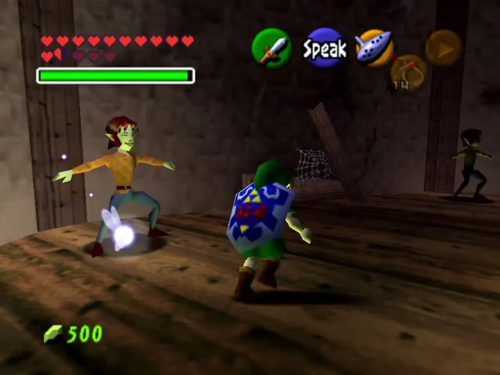 A villager dancing beside Link inside the House of Skulltula A villager dancing beside Link inside the House of Skulltula
