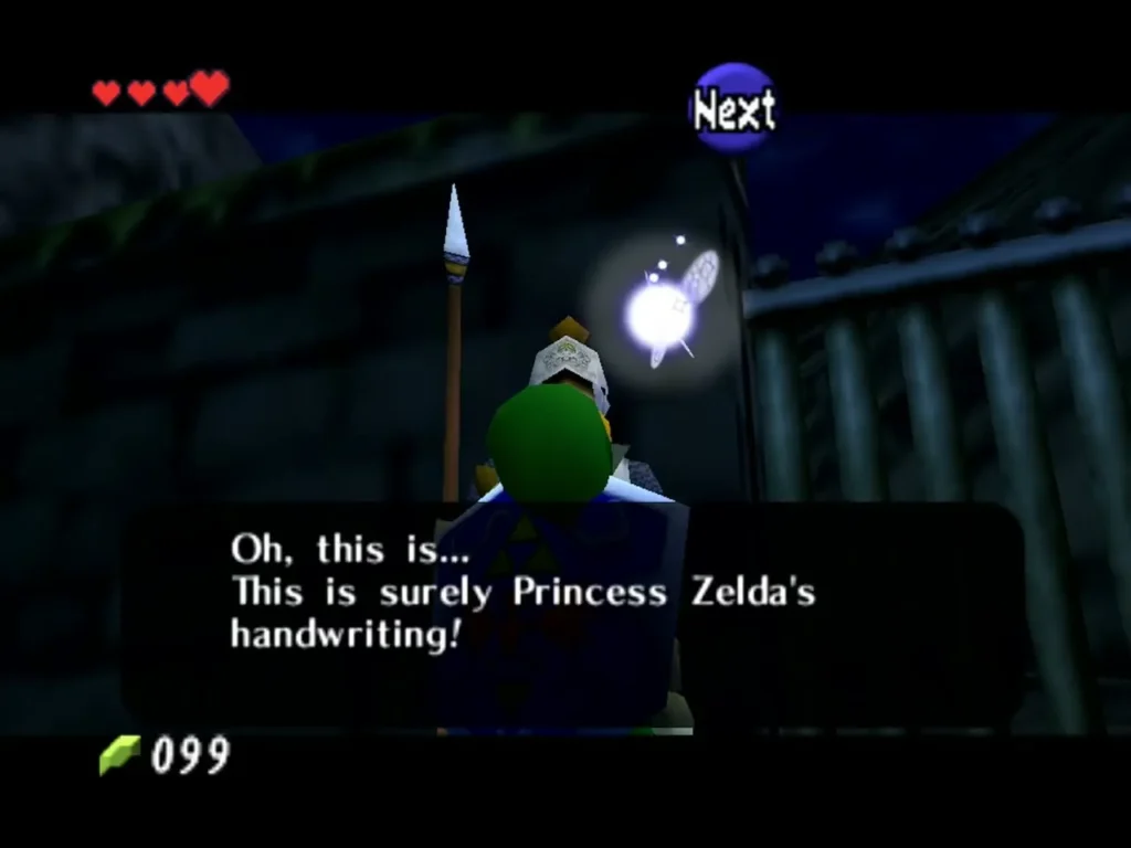 Gate guard holding Zelda's letter at night and saying it is her handwriting Gate guard holding Zelda's letter at night and saying it is her handwriting