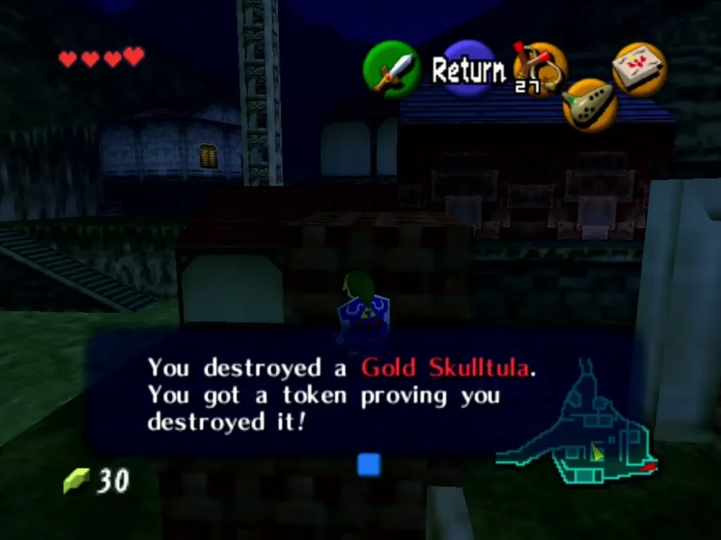 Link destroying a Gold Skulltula on a brick wall at night, token message on screen Link destroying a Gold Skulltula on a brick wall at night, token message on screen
