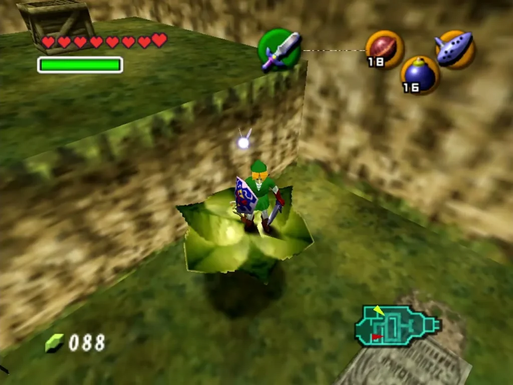 Link riding the bean leaf up to the Graveyard ledge with the crate Link riding the bean leaf up to the Graveyard ledge with the crate