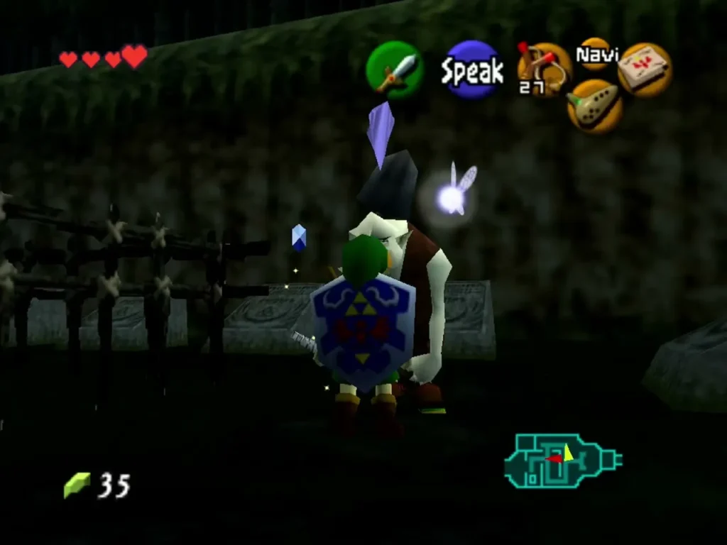 Link beside Dampe in the Graveyard as a blue Rupee appears from a dig Link beside Dampe in the Graveyard as a blue Rupee appears from a dig