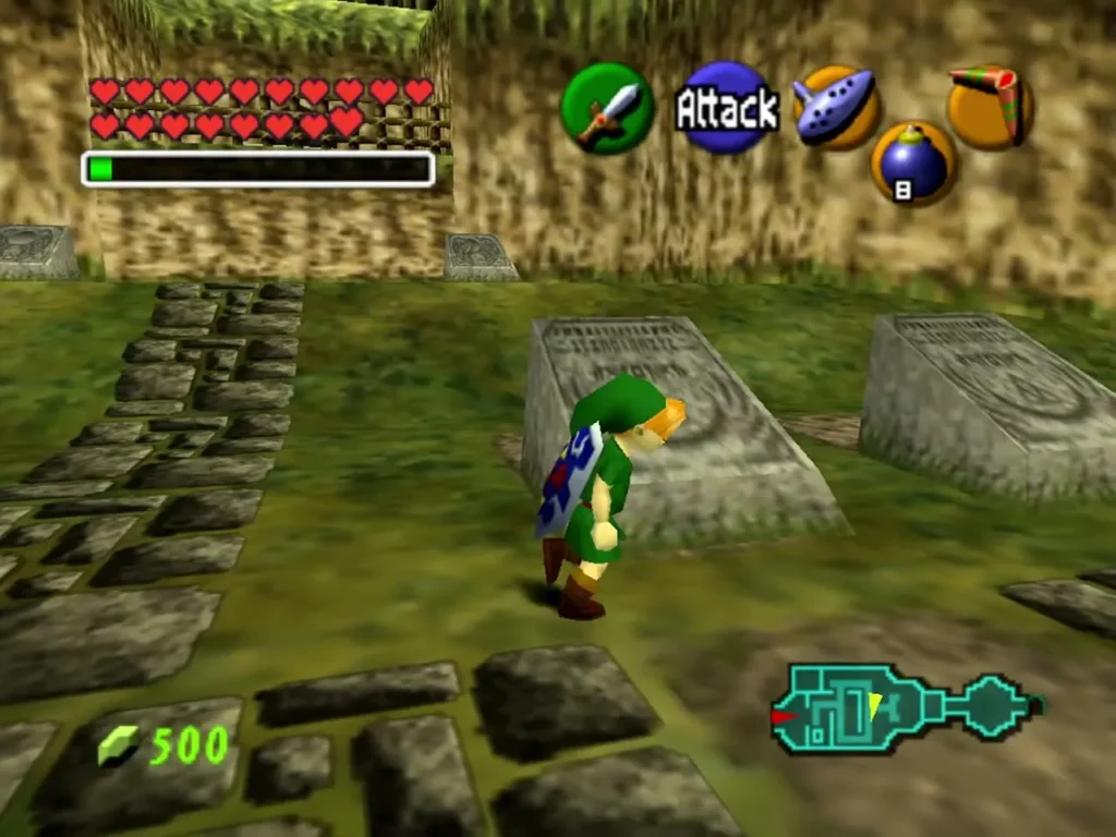 Link walking among gravestones in the Kakariko Graveyard in daylight Link walking among gravestones in the Kakariko Graveyard in daylight