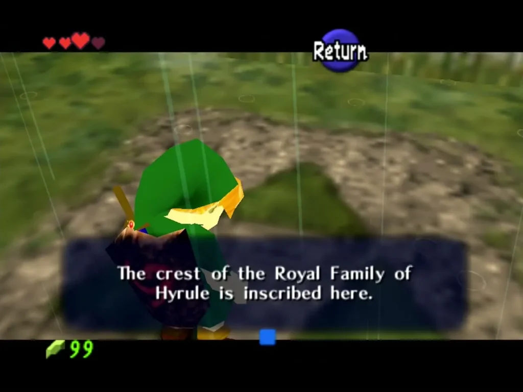 Link at the Royal Family crest in the Graveyard, with the inscription text box on screen Link at the Royal Family crest in the Graveyard, with the inscription text box on screen