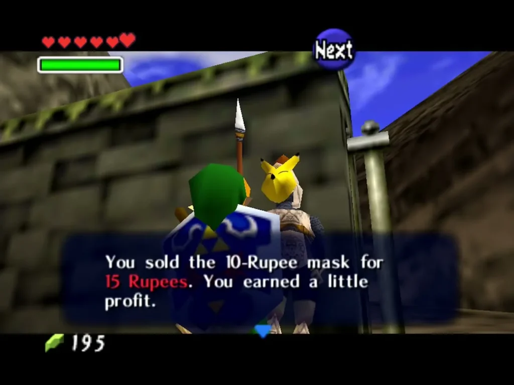 Kakariko gate guard paying 15 Rupees for the mask, with the sale message shown Kakariko gate guard paying 15 Rupees for the mask, with the sale message shown