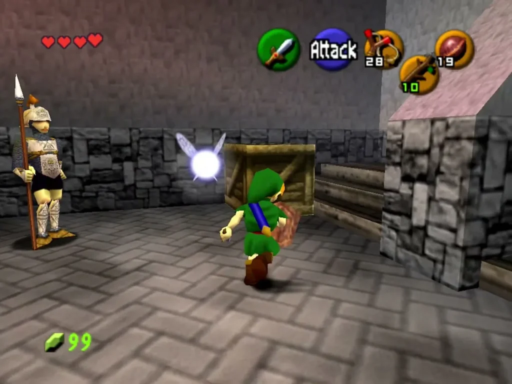 Link rolling into a wooden crate beside an armoured guard in the Market guardhouse Link rolling into a wooden crate beside an armoured guard in the Market guardhouse