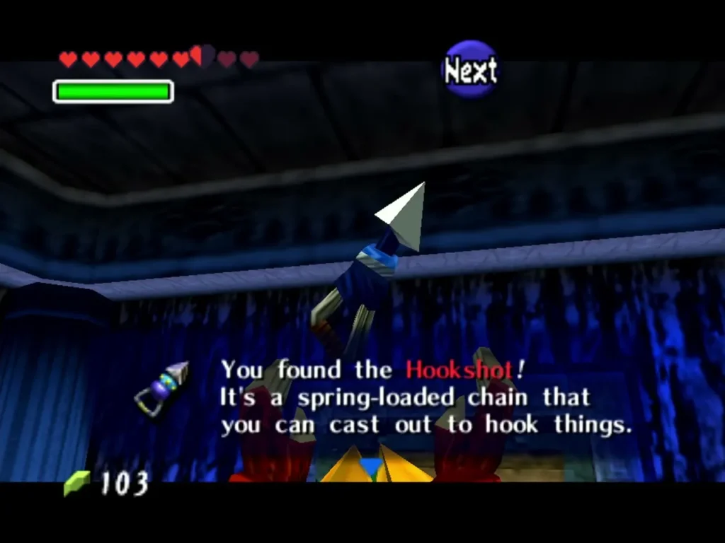 You found the Hookshot box in the catacombs as Link holds up the new item You found the Hookshot box in the catacombs as Link holds up the new item
