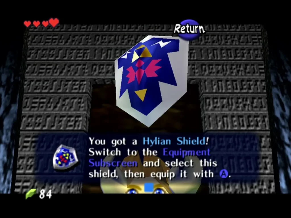 A Hylian Shield floats over the message box reading You got a Hylian Shield A Hylian Shield floats over the message box reading You got a Hylian Shield
