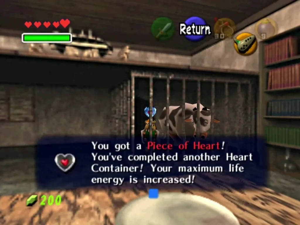 Piece of Heart reward box in Impa's house with the caged cow behind Link Piece of Heart reward box in Impa's house with the caged cow behind Link