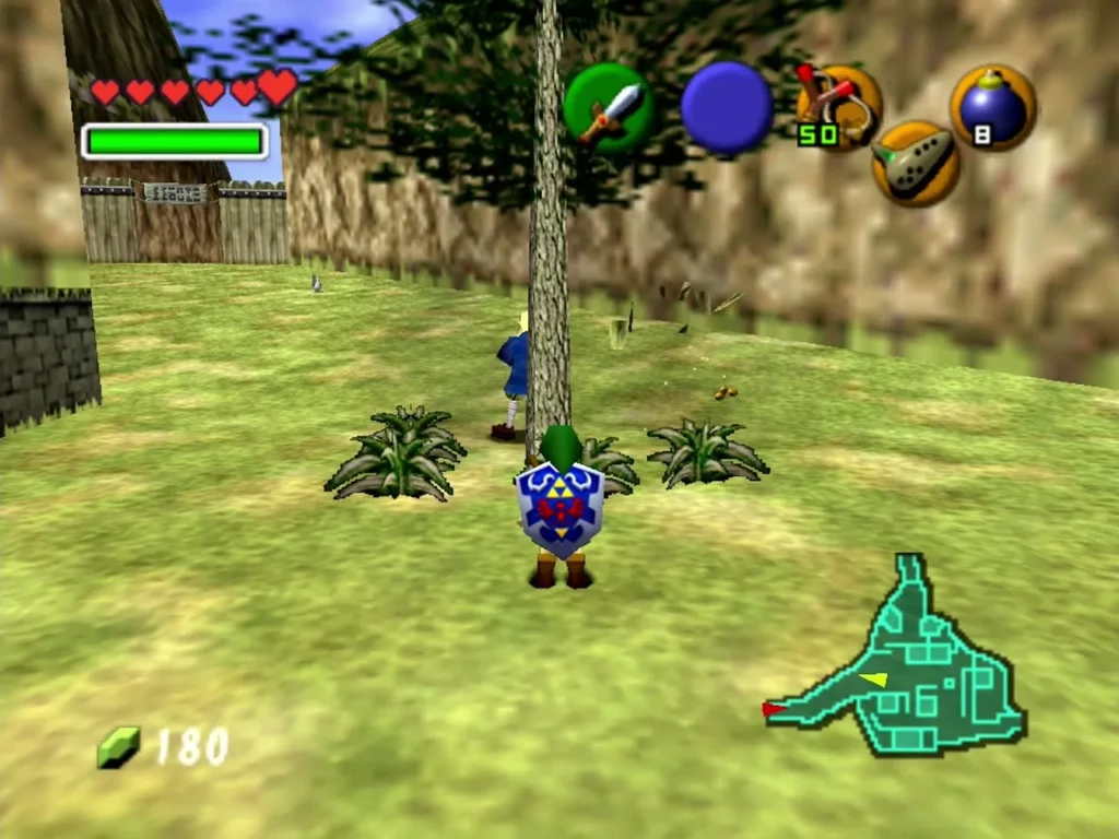 Link standing beside the large tree in Kakariko Village with houses behind Link standing beside the large tree in Kakariko Village with houses behind