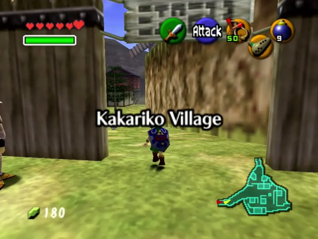 Link walking into Kakariko Village with the village name card on screen Link walking into Kakariko Village with the village name card on screen