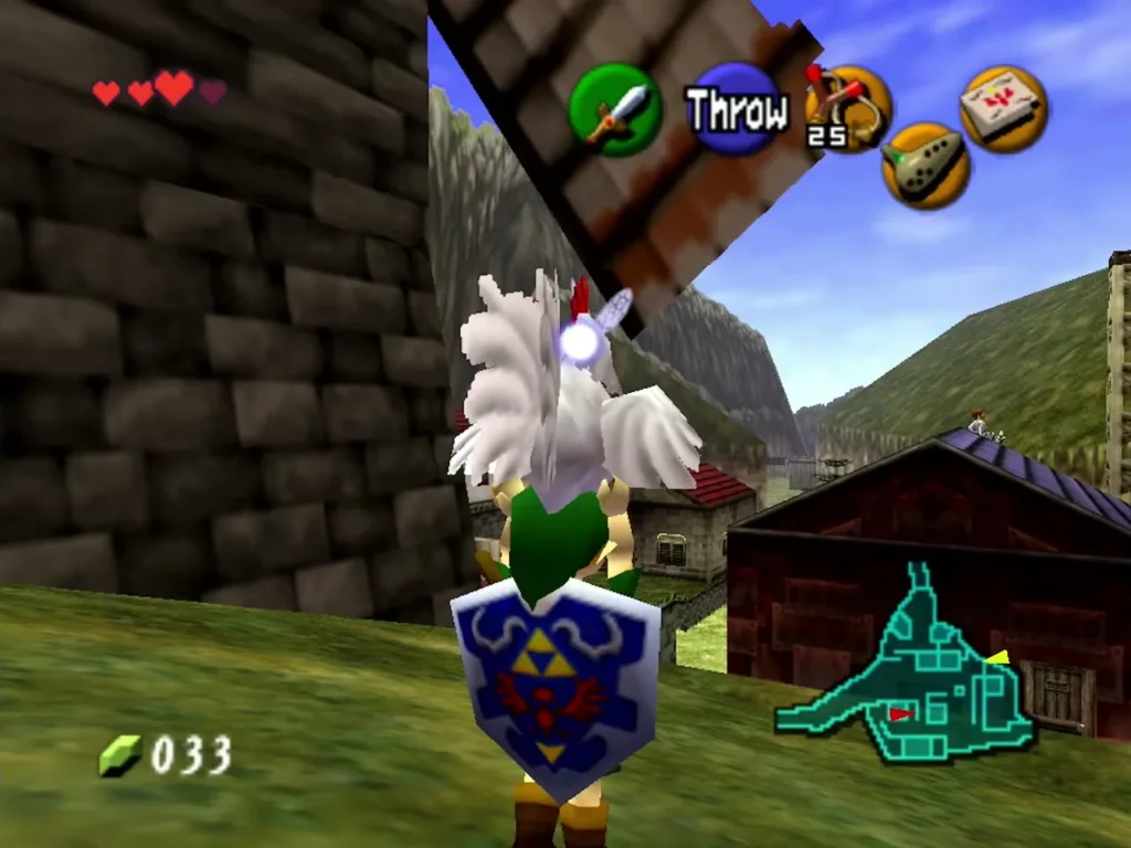 Link holding a Cucco up over his head beside a stone wall in Kakariko Link holding a Cucco up over his head beside a stone wall in Kakariko