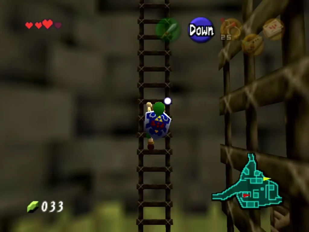 Link climbing a wooden ladder beside the village fence Link climbing a wooden ladder beside the village fence