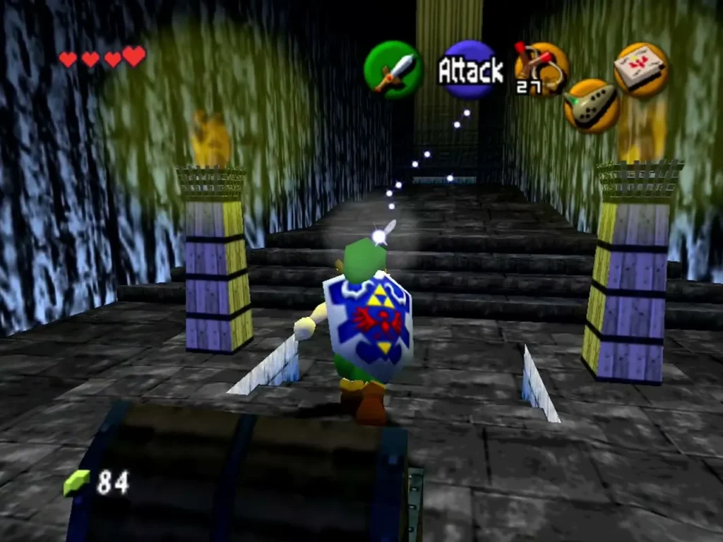 Link carries the Hylian Shield through a stone hall with a chest in the foreground Link carries the Hylian Shield through a stone hall with a chest in the foreground