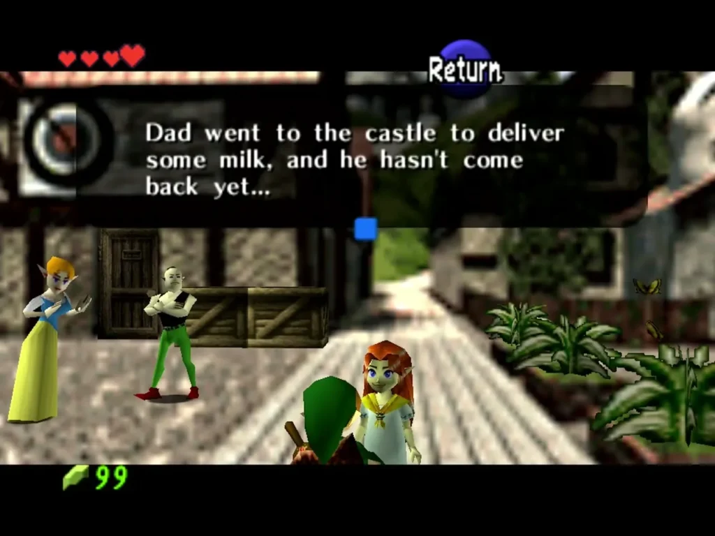 Malon tells Link her father went to the castle to deliver milk and has not returned Malon tells Link her father went to the castle to deliver milk and has not returned