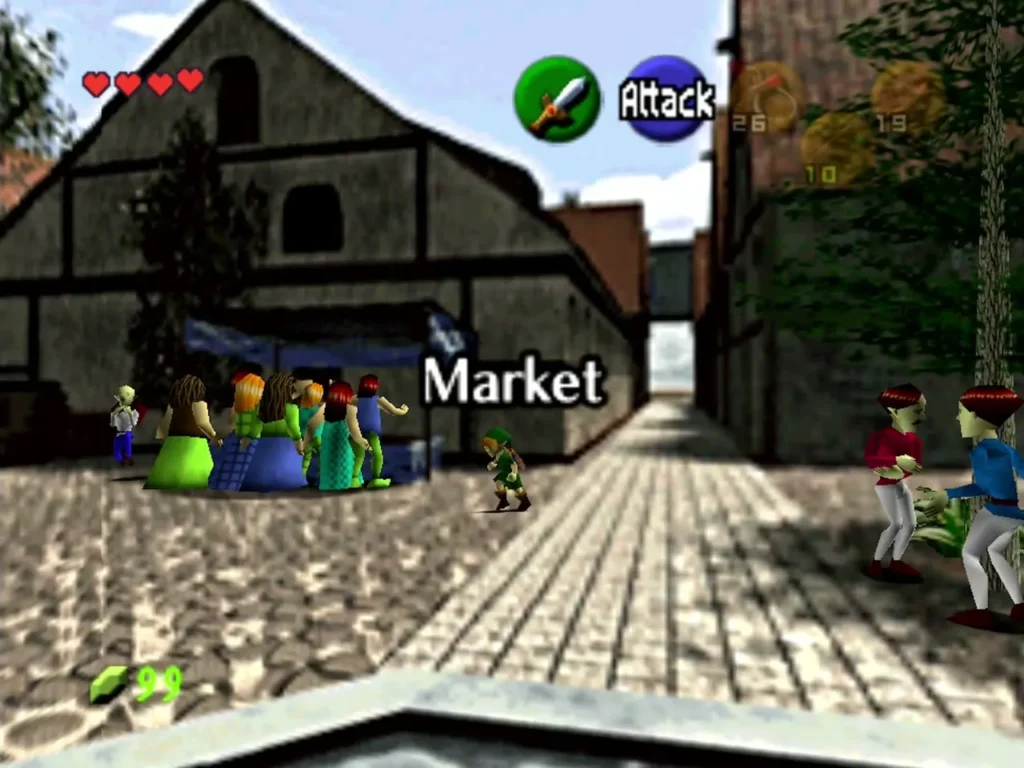 Market sign over a cobbled street with stalls, townspeople and a walking Link Market sign over a cobbled street with stalls, townspeople and a walking Link