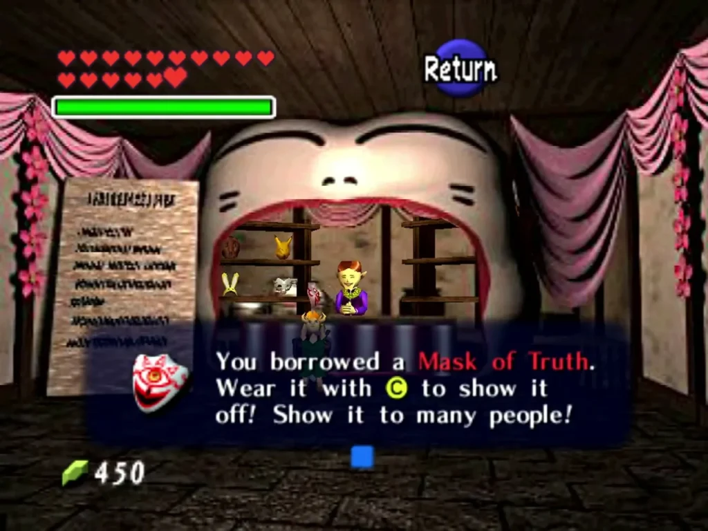 Link receives a loan of the Mask of Truth from the Happy Mask Shop, with the item box shown Link receives a loan of the Mask of Truth from the Happy Mask Shop, with the item box shown