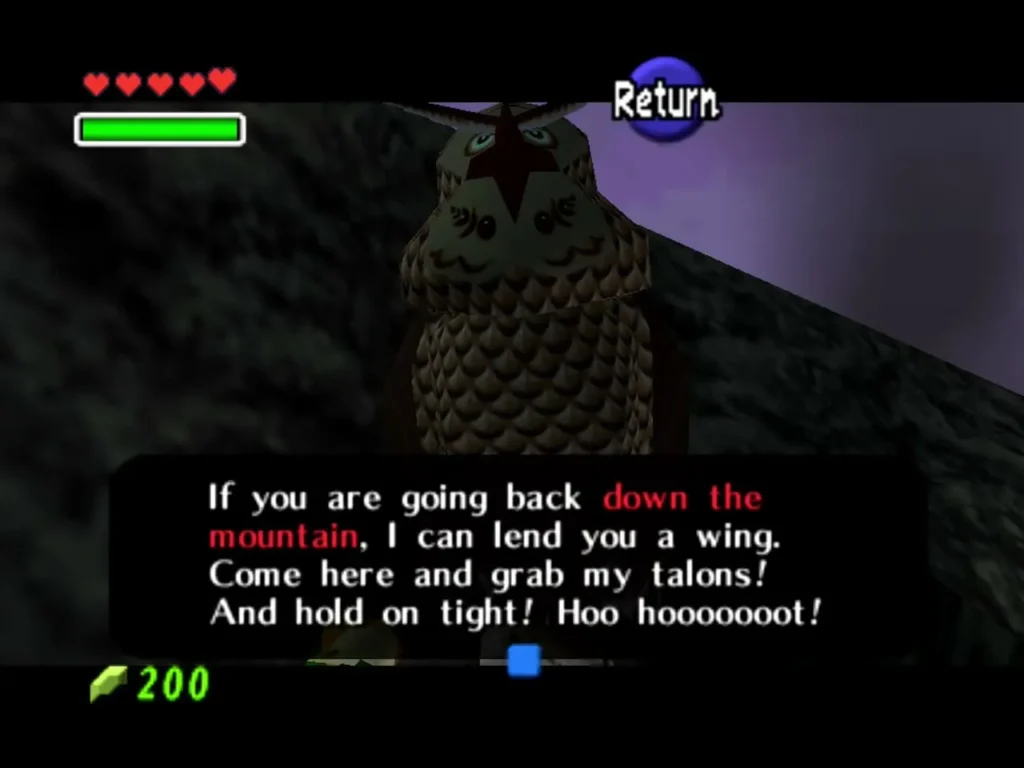Owl at the top of Death Mountain offering Link a ride down with a text box Owl at the top of Death Mountain offering Link a ride down with a text box
