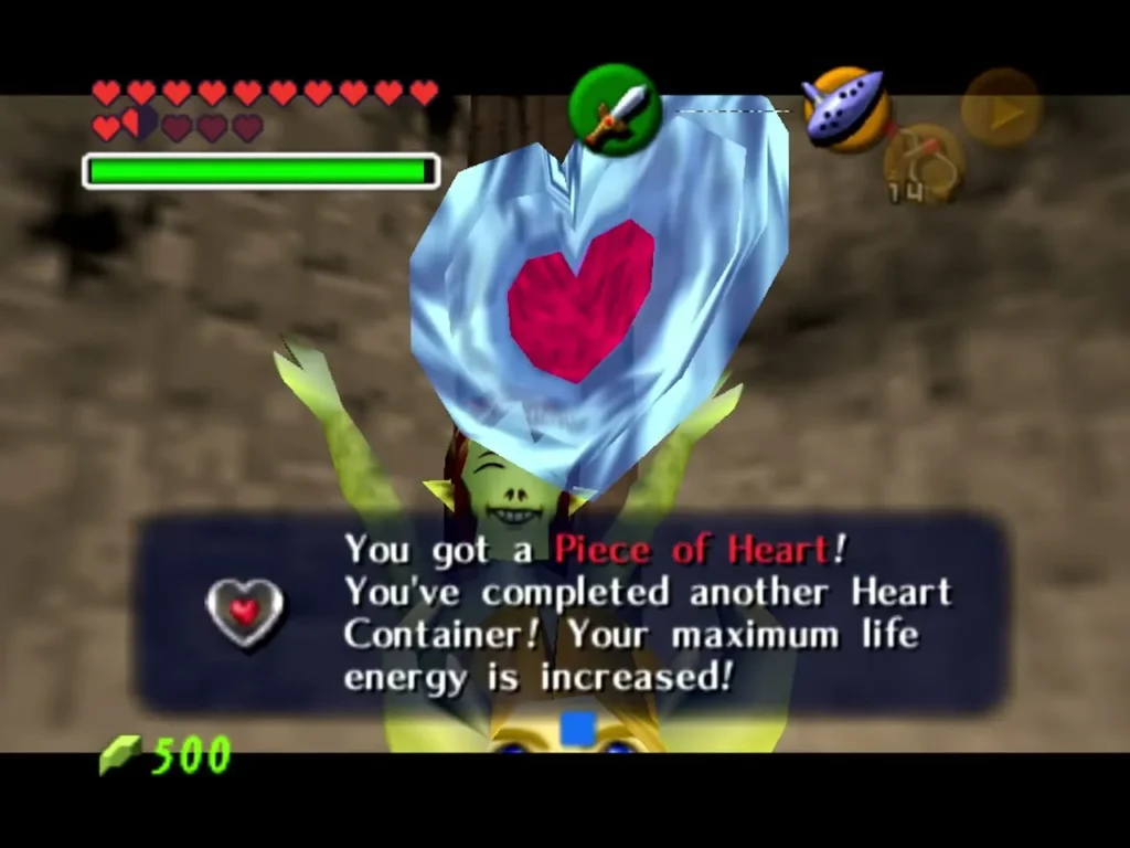 Piece of Heart box completing another Heart Container, shown over a villager in the House of Skulltula Piece of Heart box completing another Heart Container, shown over a villager in the House of Skulltula