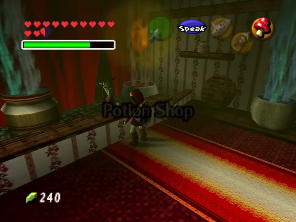 Interior of the Potion Shop, with red curtains and pots along the counter Interior of the Potion Shop, with red curtains and pots along the counter