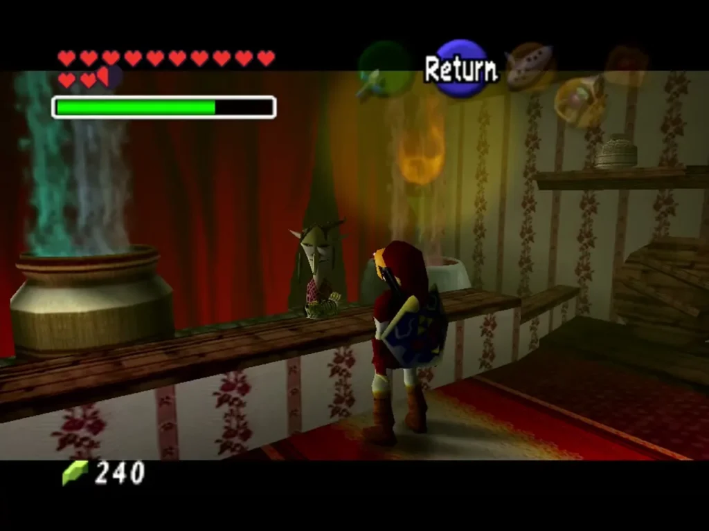 Link at the Potion Shop counter facing the old woman behind it Link at the Potion Shop counter facing the old woman behind it