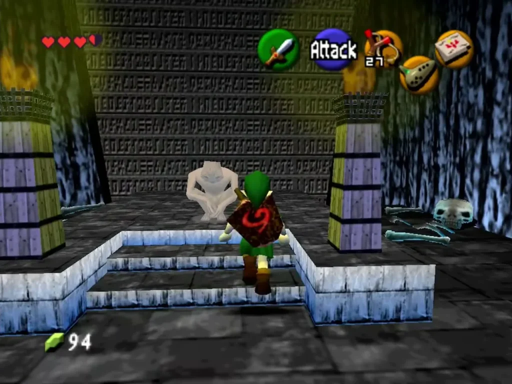 A ReDead standing in the Graveyard tomb with Link beside it while Navi targets it A ReDead standing in the Graveyard tomb with Link beside it while Navi targets it