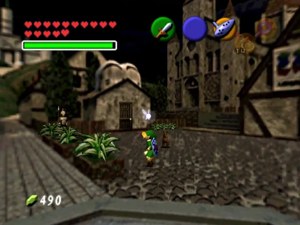 Link walking through the Market square at night with a stray dog trotting beside him Link walking through the Market square at night with a stray dog trotting beside him