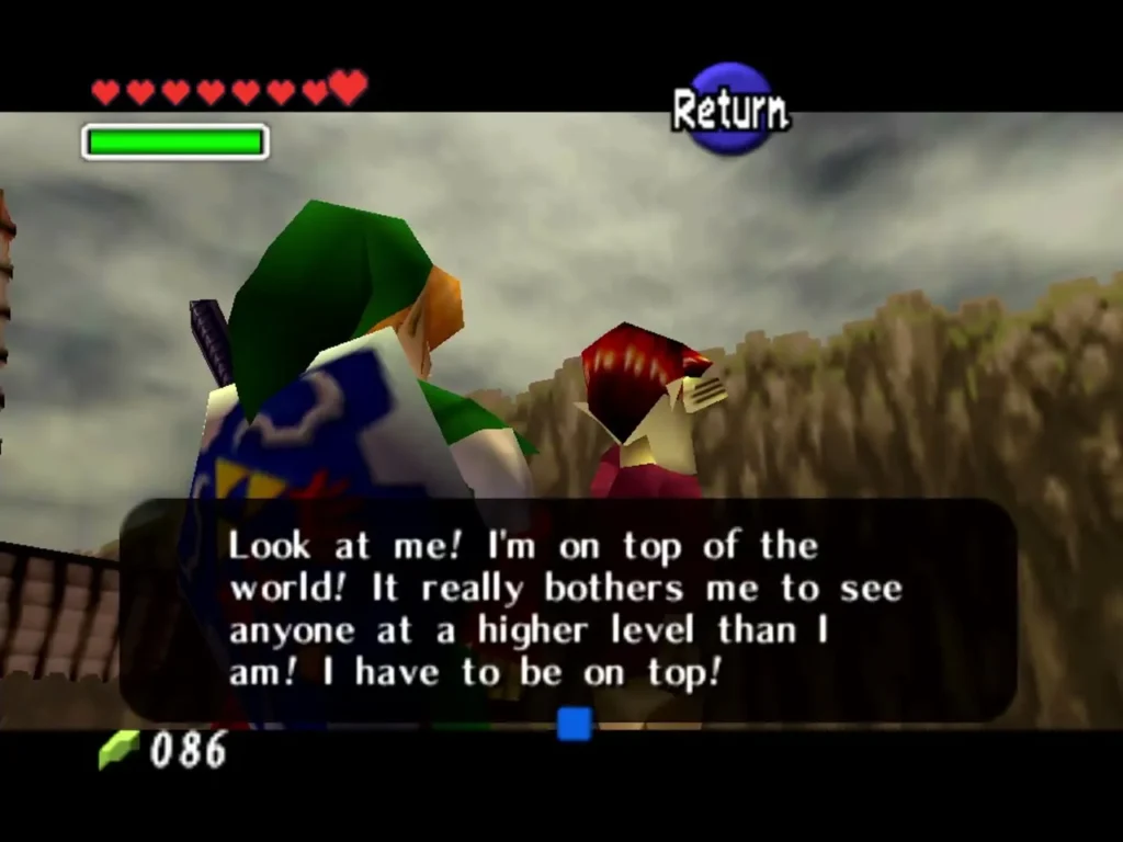 Man on the Kakariko tower roof telling Link he has to be on top Man on the Kakariko tower roof telling Link he has to be on top