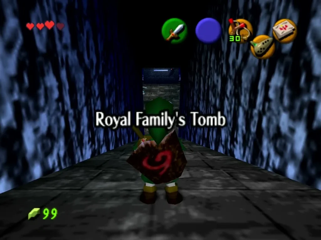 The Royal Family's Tomb name banner shown as Link walks into the tomb corridor The Royal Family's Tomb name banner shown as Link walks into the tomb corridor