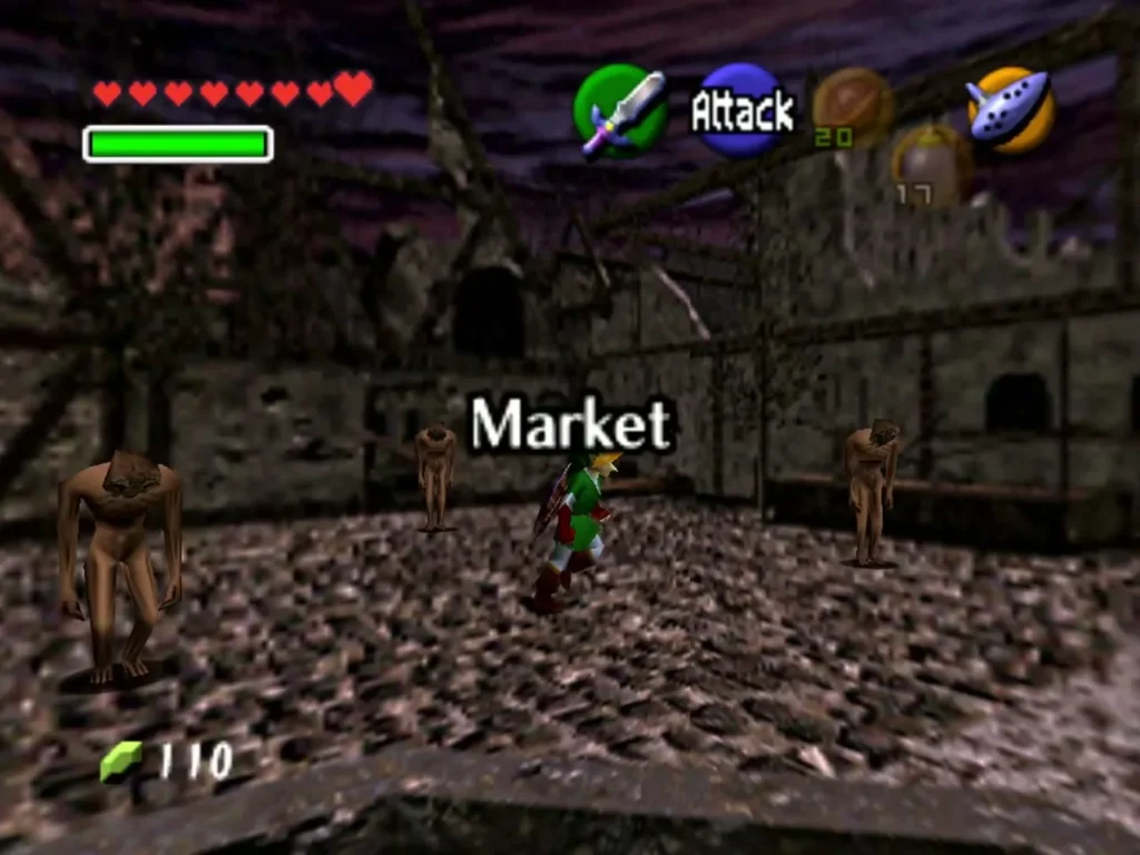 Ruined Market in the adult era, with ReDead wandering the square under the Market sign Ruined Market in the adult era, with ReDead wandering the square under the Market sign