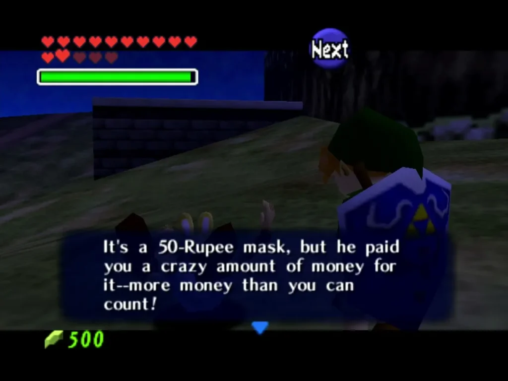 Text box after the Running Man buys the Bunny Hood, with Rupees rising to 500 Text box after the Running Man buys the Bunny Hood, with Rupees rising to 500