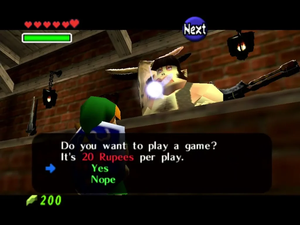 Shooting Gallery attendant asks Link if he wants to play for 20 Rupees per play Shooting Gallery attendant asks Link if he wants to play for 20 Rupees per play
